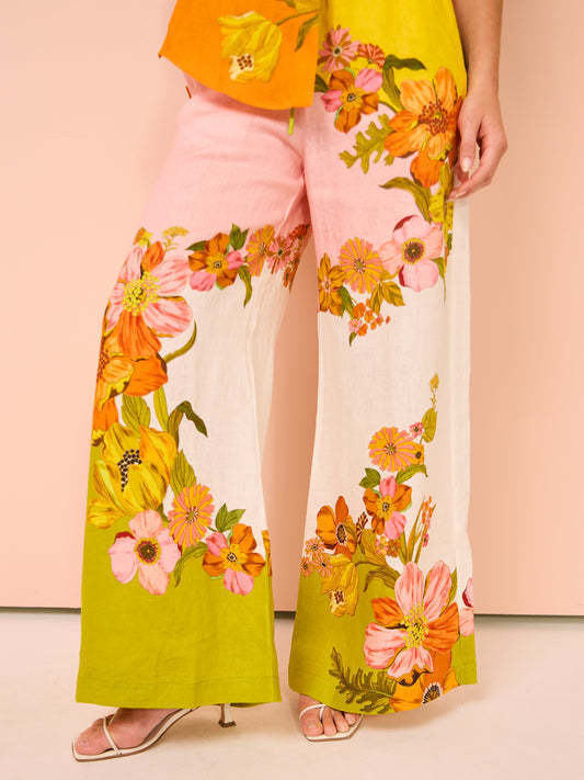 Printed Cotton And Linen Two-piece Suit Outfit Top Wide-leg Pants