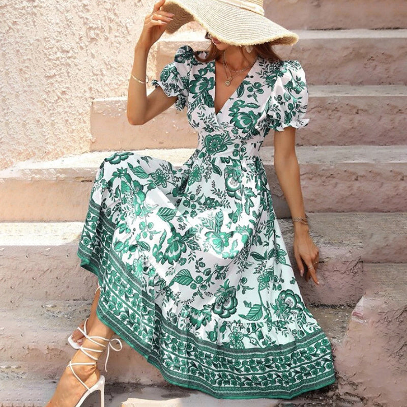 Velva | Robe Longue Bohème Fleurie à Manches Bouffantes et Col V