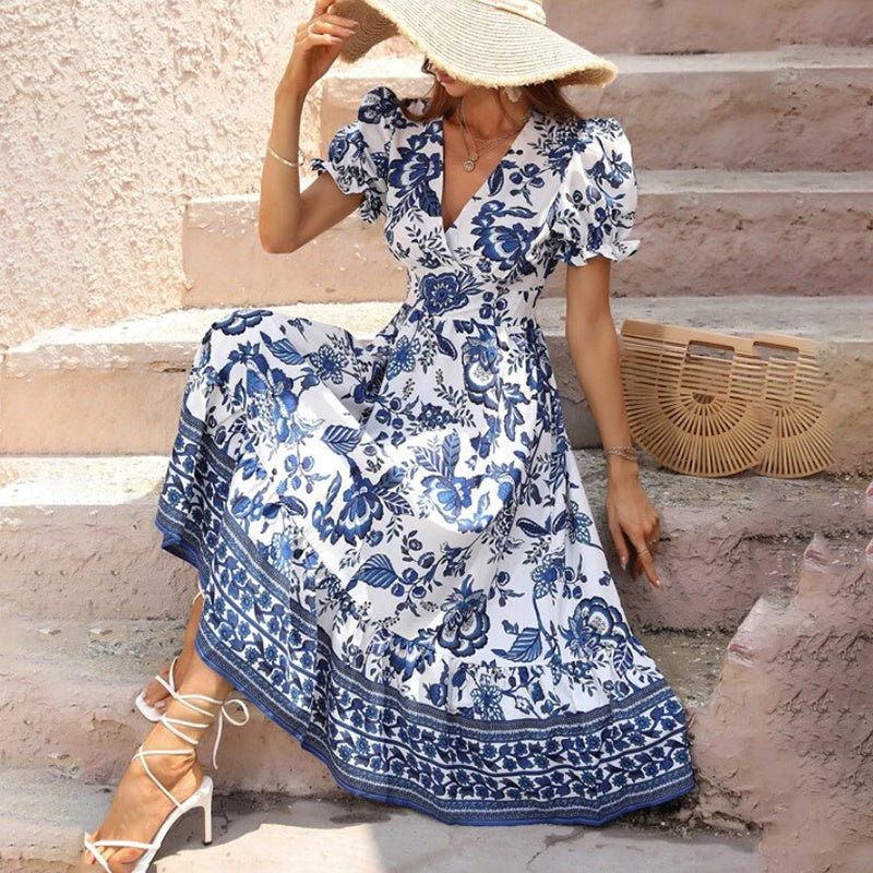 Velva | Robe Longue Bohème Fleurie à Manches Bouffantes et Col V