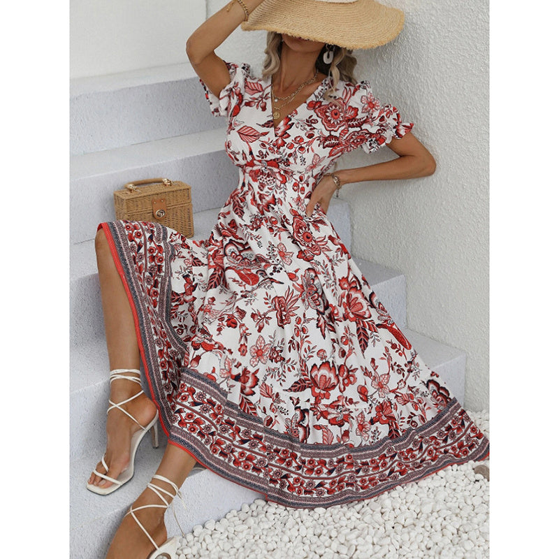 Velva | Robe Longue Bohème Fleurie à Manches Bouffantes et Col V