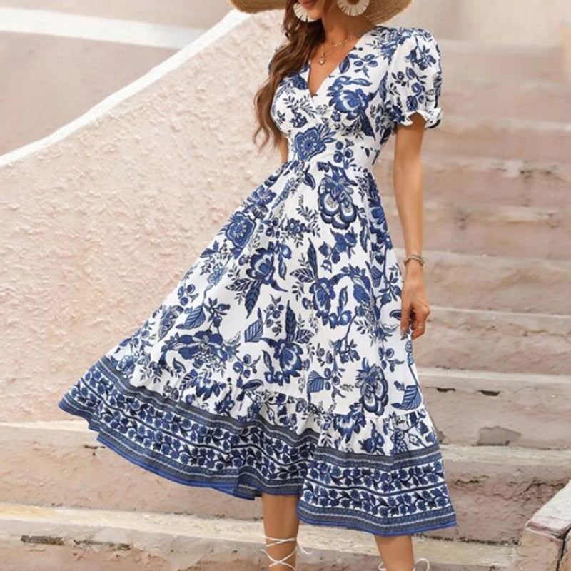 Velva | Robe Longue Bohème Fleurie à Manches Bouffantes et Col V