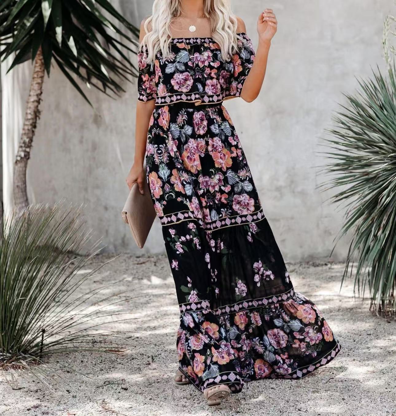 Sablette | Robe Longue Épaules Dénudées à Imprimé Floral et Ceinture