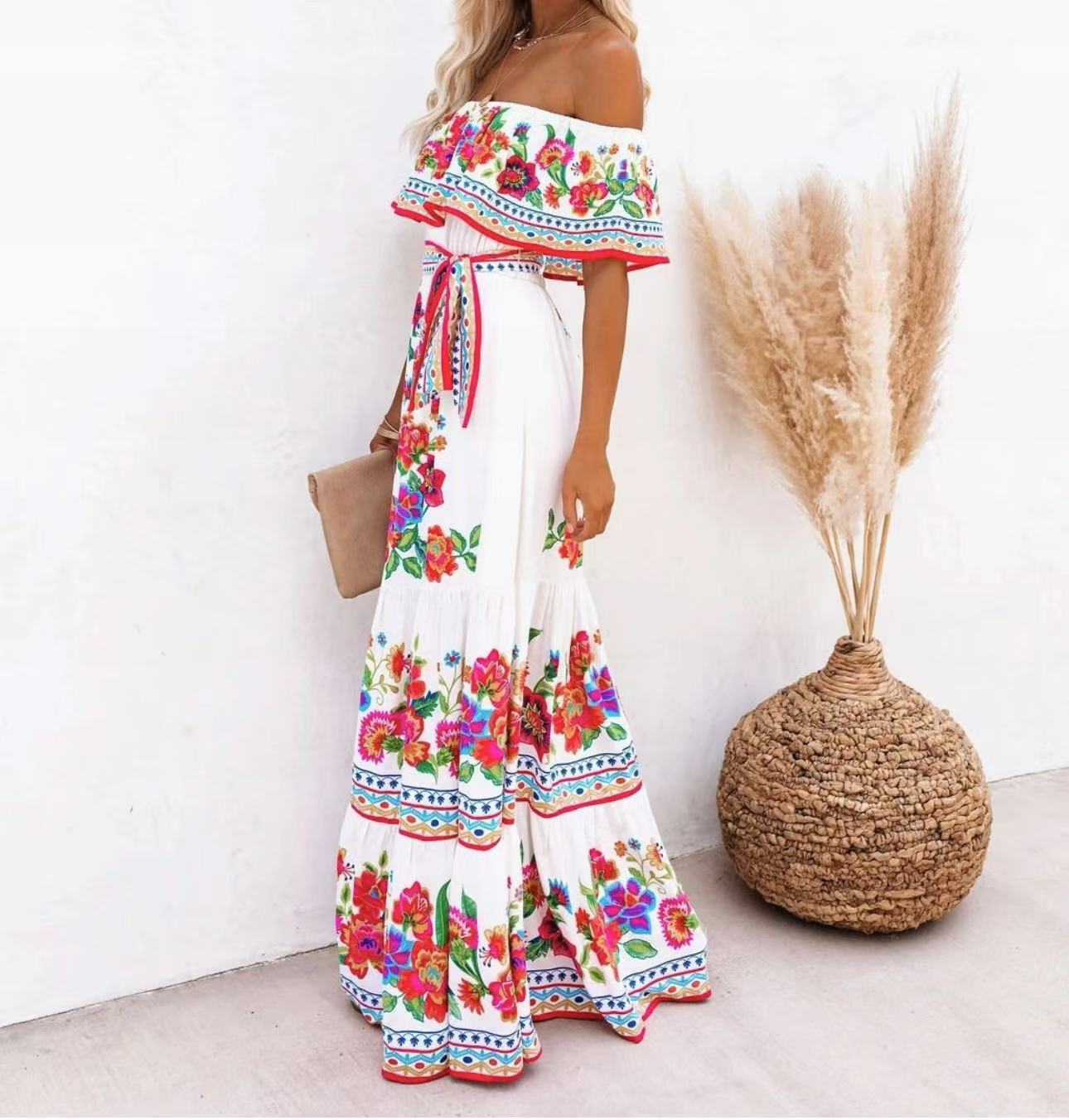 Sablette | Robe Longue Épaules Dénudées à Imprimé Floral et Ceinture