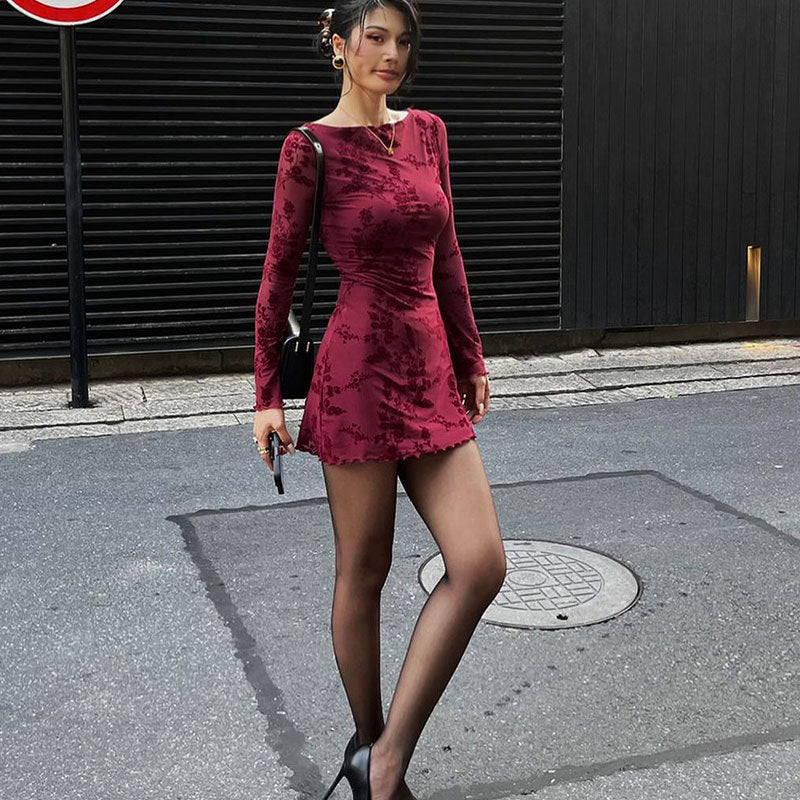 Léna | Robe Sexy Fleurie en Résille - Manches Longues