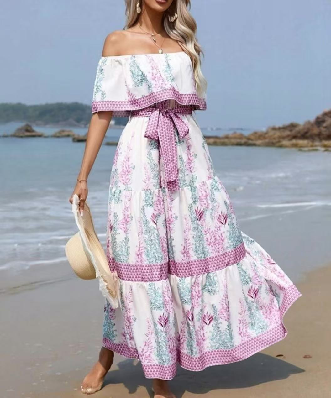 Sablette | Robe Longue Épaules Dénudées à Imprimé Floral et Ceinture