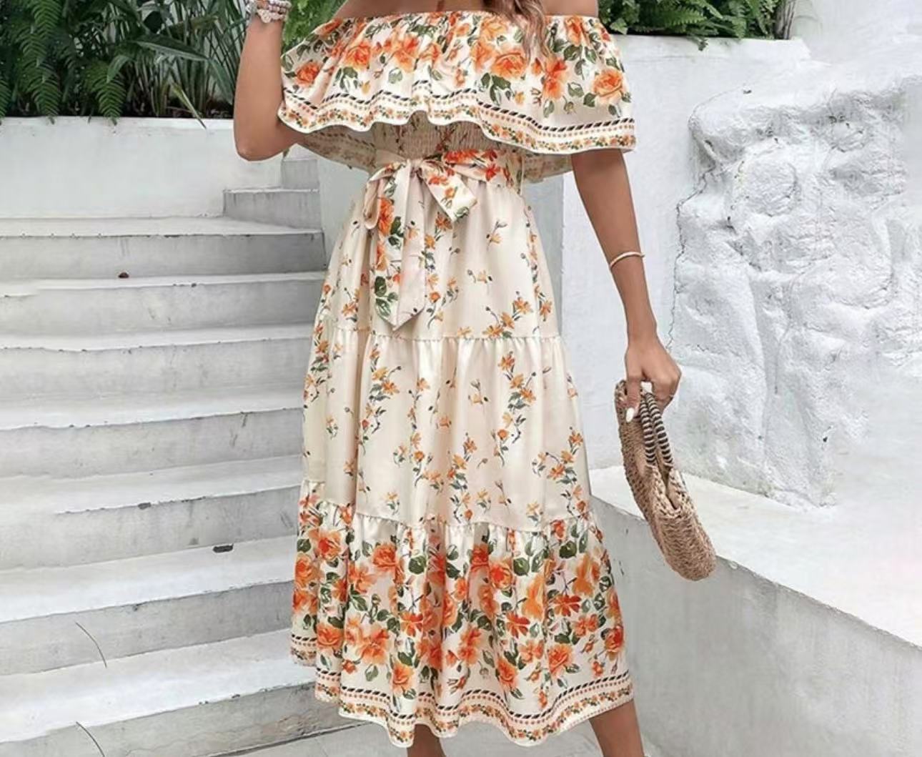 Sablette | Robe Longue Épaules Dénudées à Imprimé Floral et Ceinture