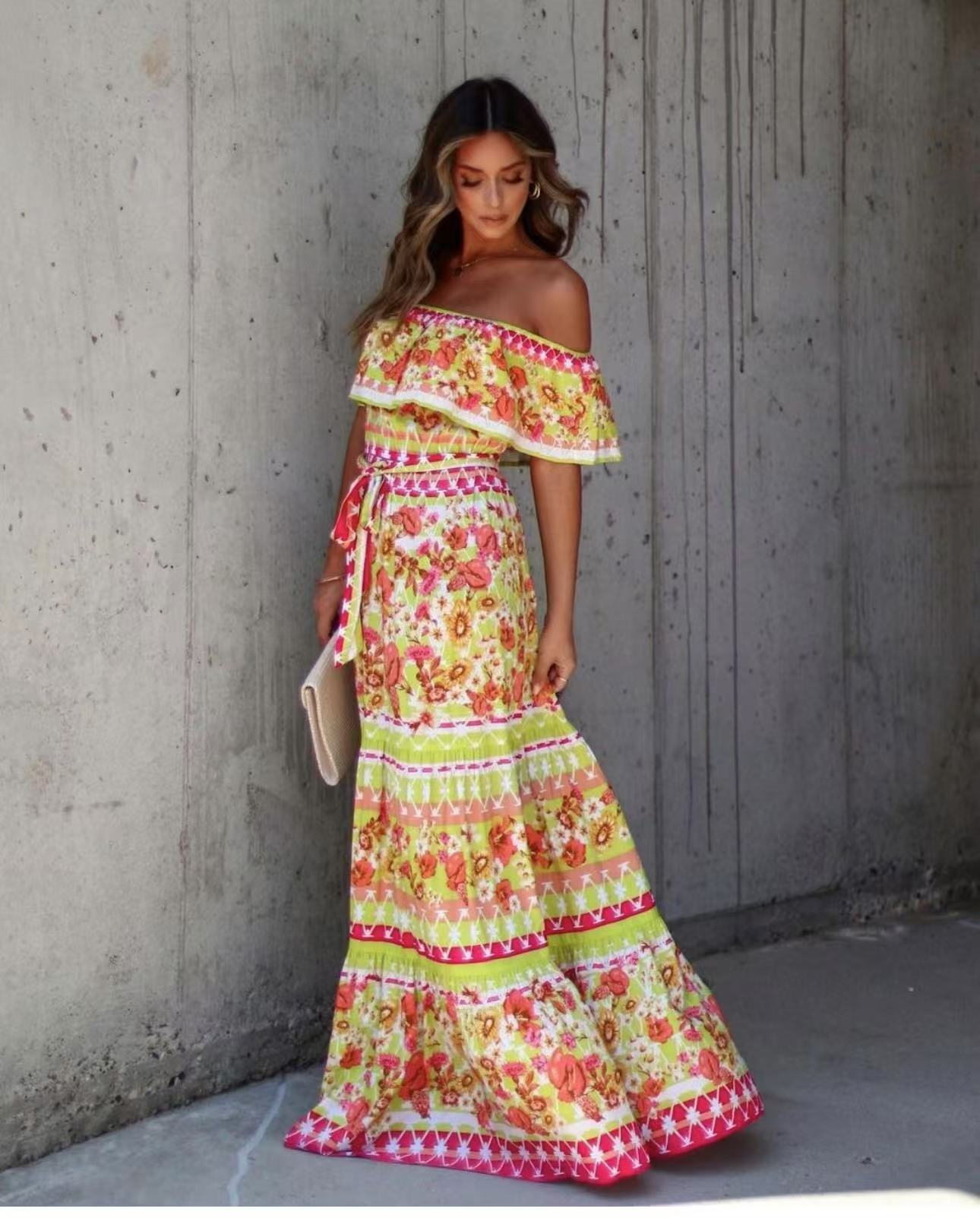 Sablette | Robe Longue Épaules Dénudées à Imprimé Floral et Ceinture