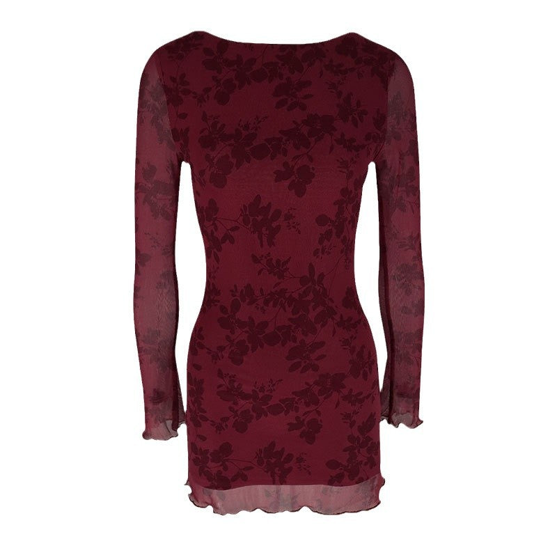 Léna | Robe Sexy Fleurie en Résille - Manches Longues