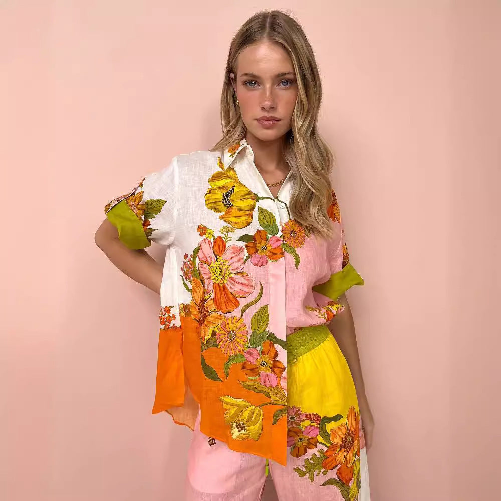 Printed Cotton And Linen Two-piece Suit Outfit Top Wide-leg Pants