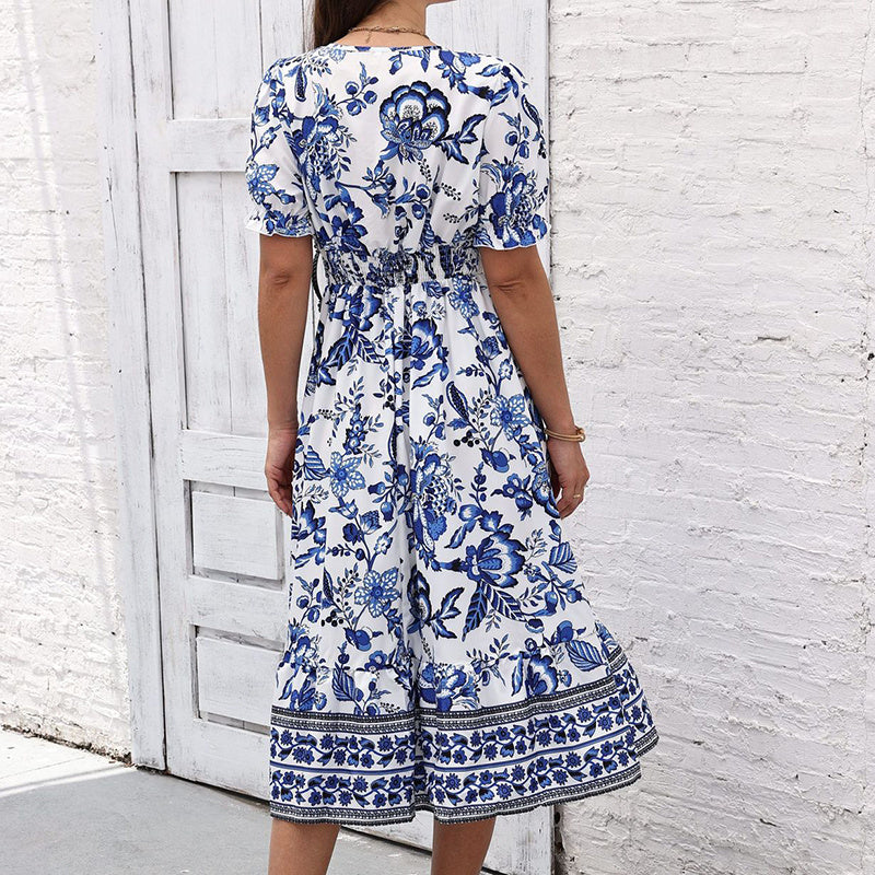 Velva | Robe Longue Bohème Fleurie à Manches Bouffantes et Col V