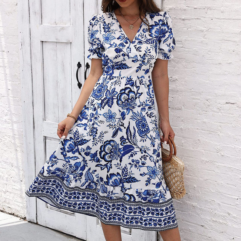 Velva | Robe Longue Bohème Fleurie à Manches Bouffantes et Col V