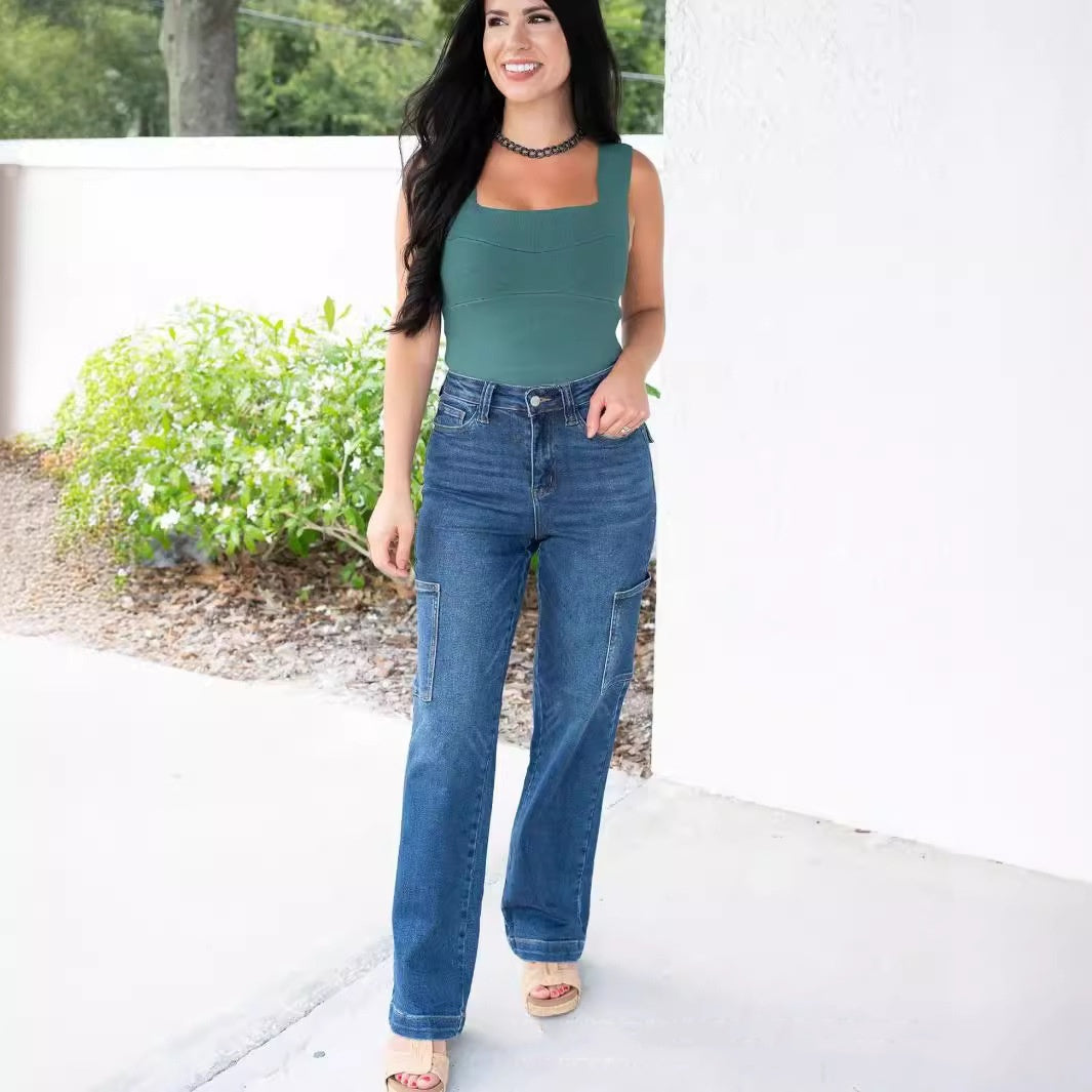 Nadi | Jean Cargo Taille Haute à Poches Multiples et Jambe Large