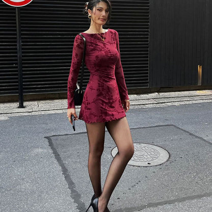 Léna | Robe Sexy Fleurie en Résille - Manches Longues