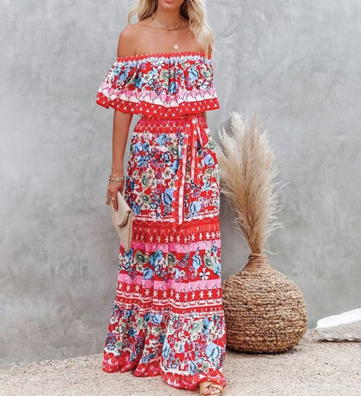 Sablette  | Robe Longue Épaules Dénudées à Imprimé Floral et Ceinture