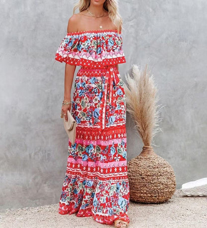 Sablette  | Robe Longue Épaules Dénudées à Imprimé Floral et Ceinture