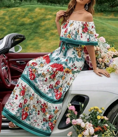 Sablette  | Robe Longue Épaules Dénudées à Imprimé Floral et Ceinture