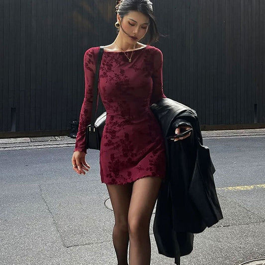 Léna | Robe Sexy Fleurie en Résille - Manches Longues