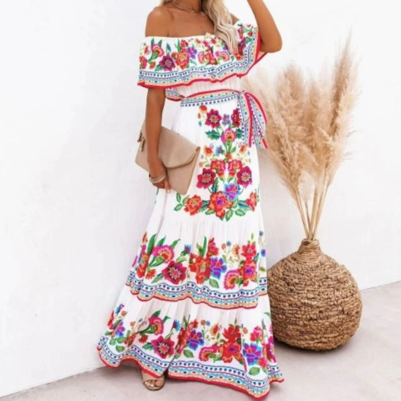 Sablette  | Robe Longue Épaules Dénudées à Imprimé Floral et Ceinture