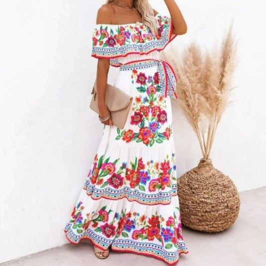 Sablette  | Robe Longue Épaules Dénudées à Imprimé Floral et Ceinture