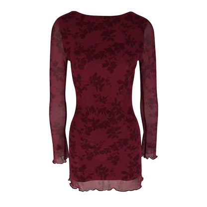 Léna | Robe Sexy Fleurie en Résille - Manches Longues