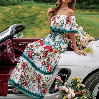 Sablette  | Robe Longue Épaules Dénudées à Imprimé Floral et Ceinture