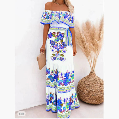 Sablette  | Robe Longue Épaules Dénudées à Imprimé Floral et Ceinture